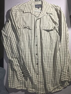 Lucchese Cream and Green Plaid Casual Button-Down Shirt